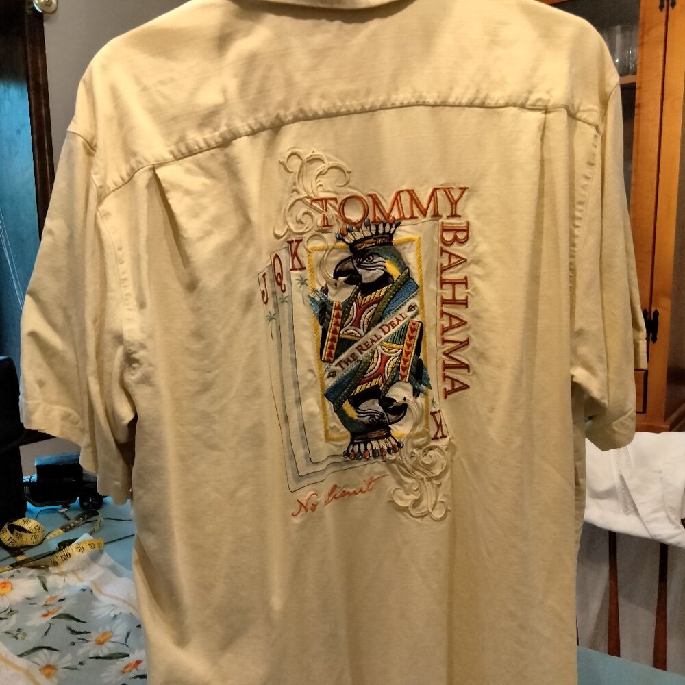 Tommy Bahama XL Mens Camp Shirt 100% Silk Embroidered The Real Deal No Limits